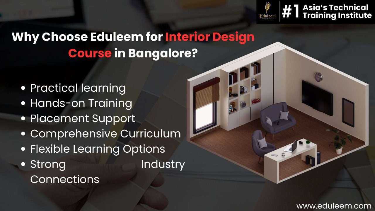 Interior design course in Bangalore by Eduleem highlighting practical learning, hands-on training, placement support, and industry connections.